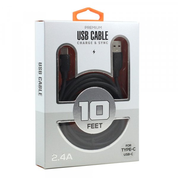 Wholesale Type C / USB-C 2.4A Heavy Duty Strong Durable Charge and Sync USB Cable 10FT (Black)